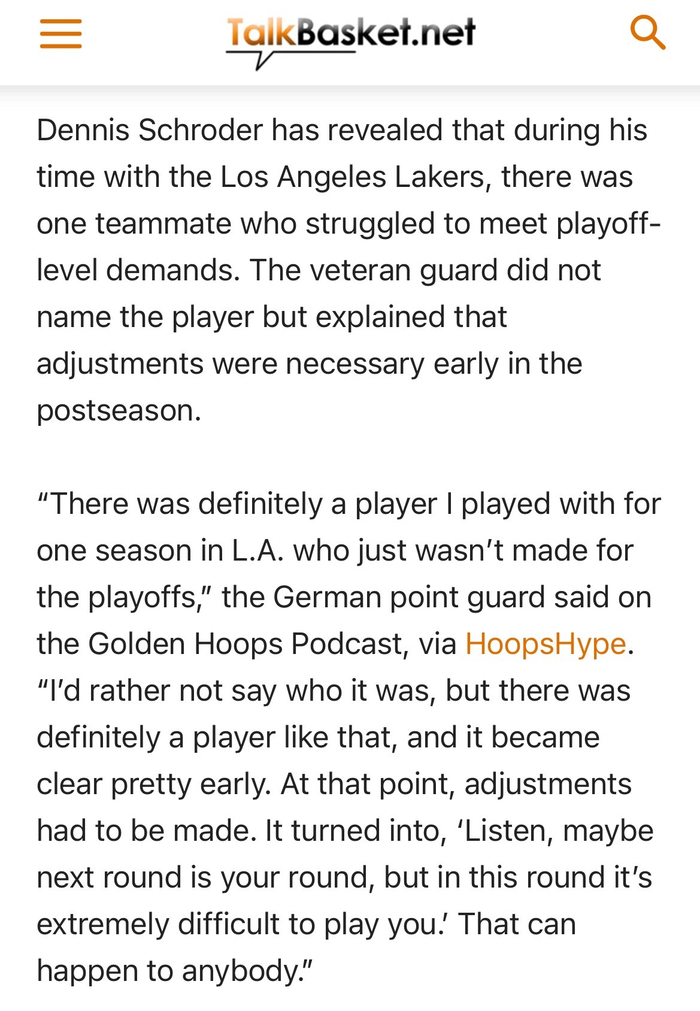 施罗德曝湖人季后赛队友不适应强度 阵容调整引